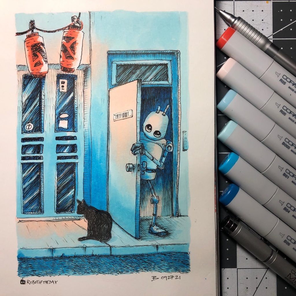 Illustration of robot opening a door onto a sidewalk and peering around at a black cat seated on sidewalk.