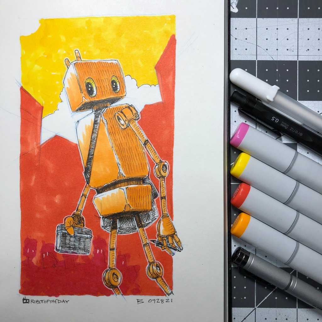 Illustration of a robot walking with notebook and pen in hand. City silhouette and cloudy sky is in the background.