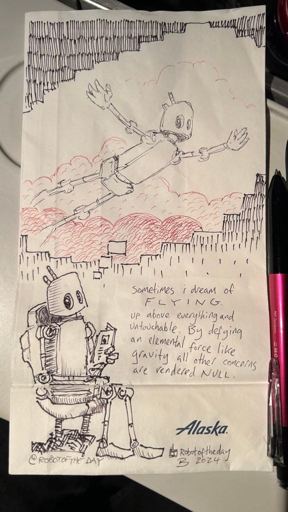 A robot is sitting down with a book in its hands. It is looking up, with a thought bubble above its head, depicting them with arms outstretched, flying above clouds.